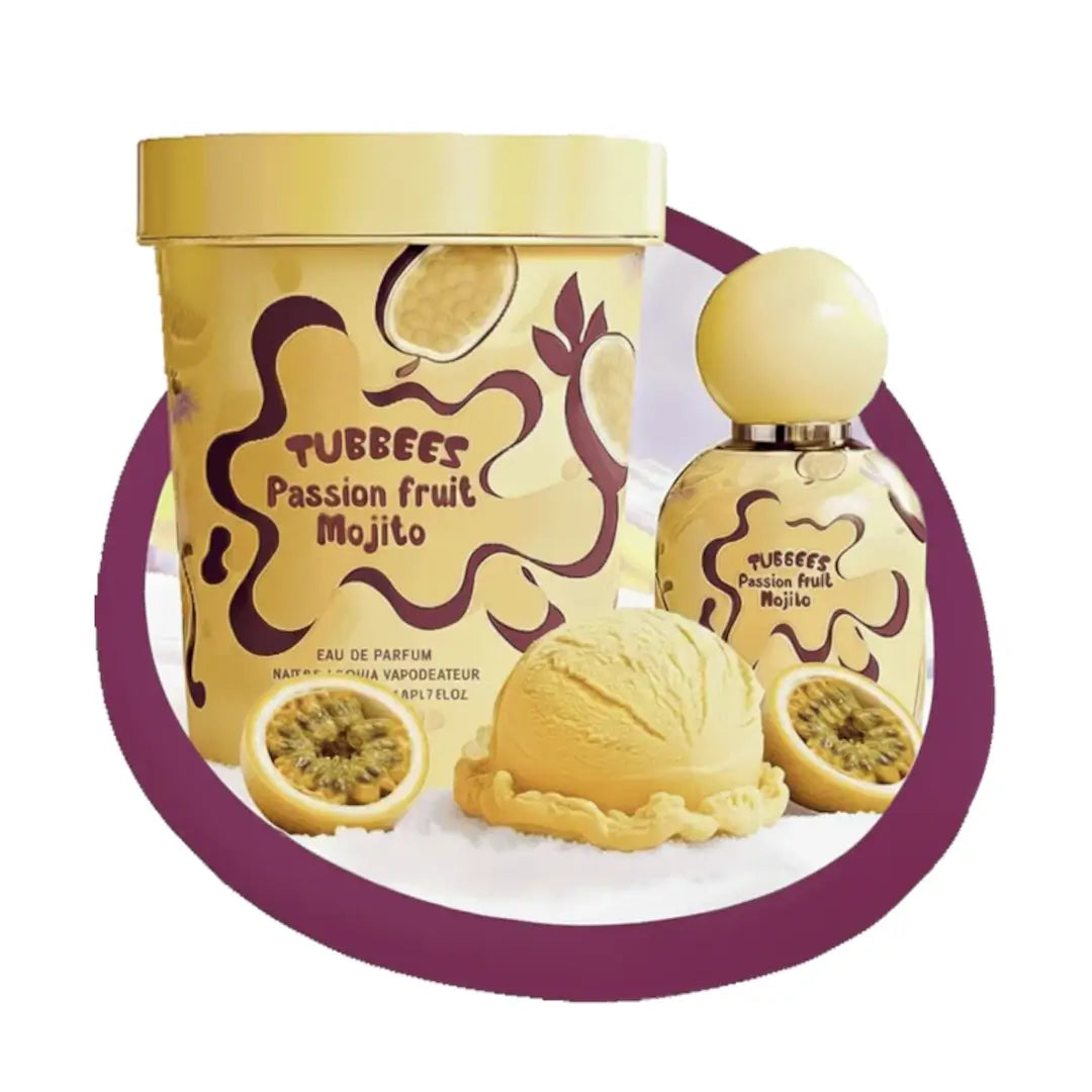 'Passion Fruit Mojito' perfume bottle and packaging on a white background with 'Tubbees' branding