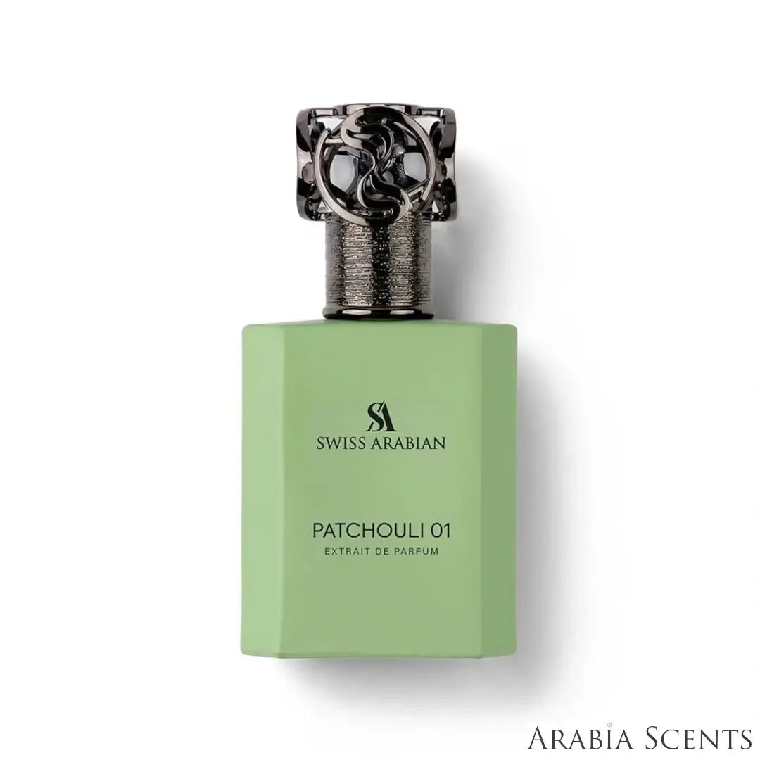 'Patchouli 01' perfume bottle on a white background with 'Swiss Arabian' branding featured by 'Arabiascents'