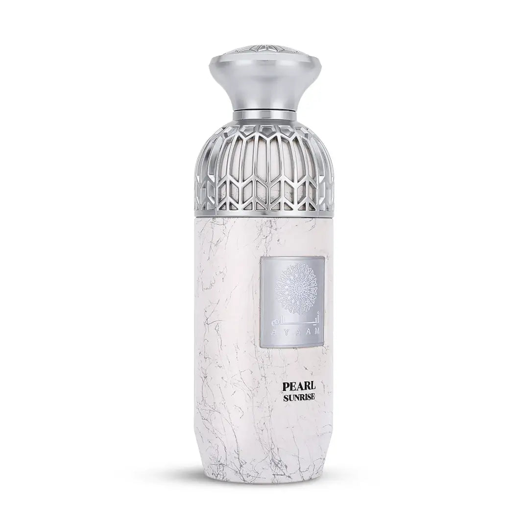 Perfume bottle labeled 'Pearl Sunrise' with a decorative cap on a white background with 'Ayaam' branding