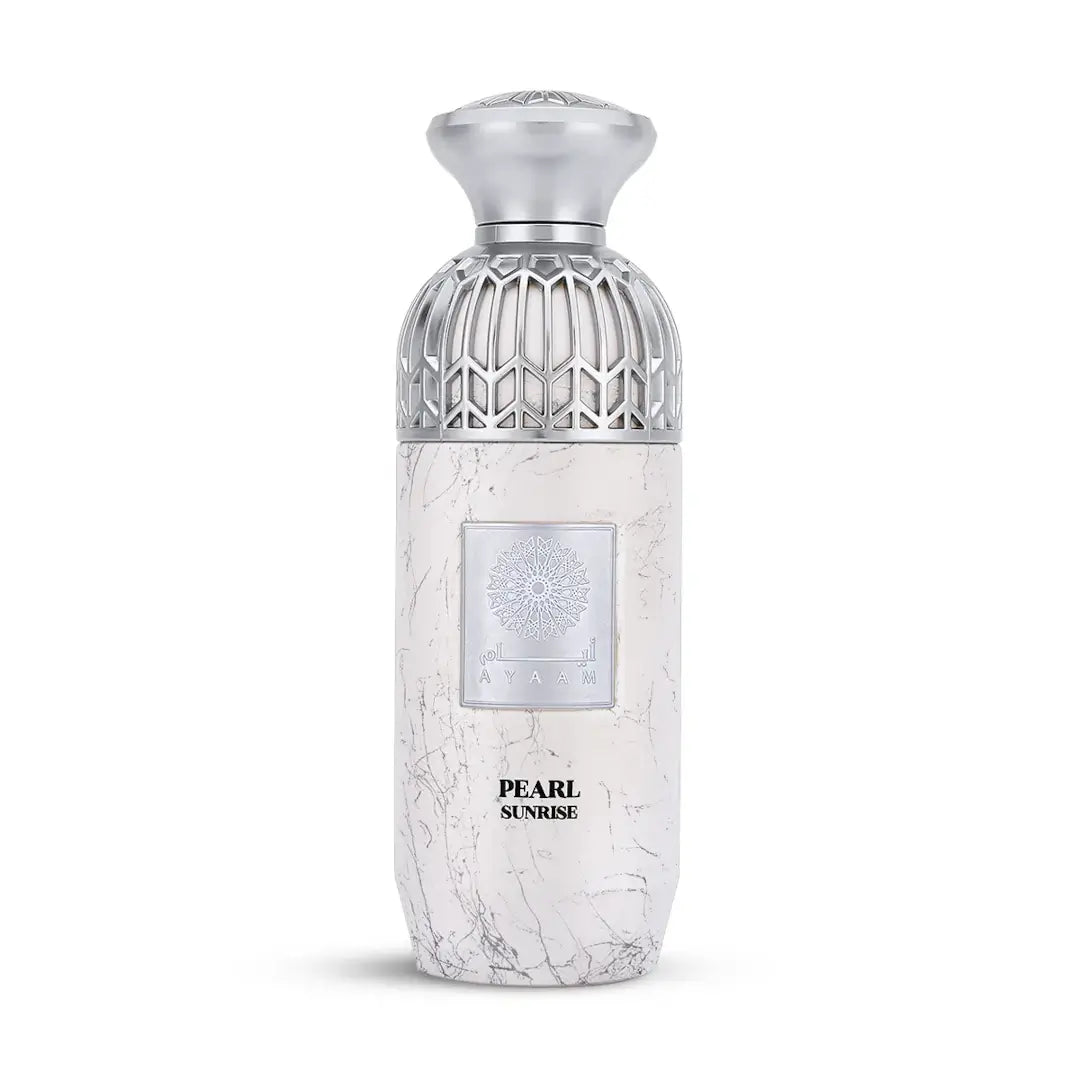 Perfume bottle labeled 'Pearl Sunrise' with a decorative cap on a white background with 'Ayaam' branding
