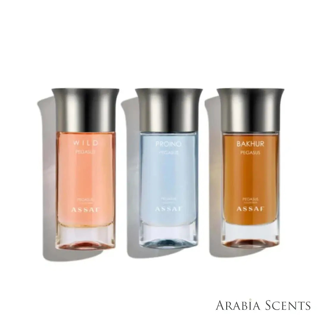 'Pegasus Collection' perfume bottles set on a white background with 'Assaf' branding featured by 'Arabiascents'