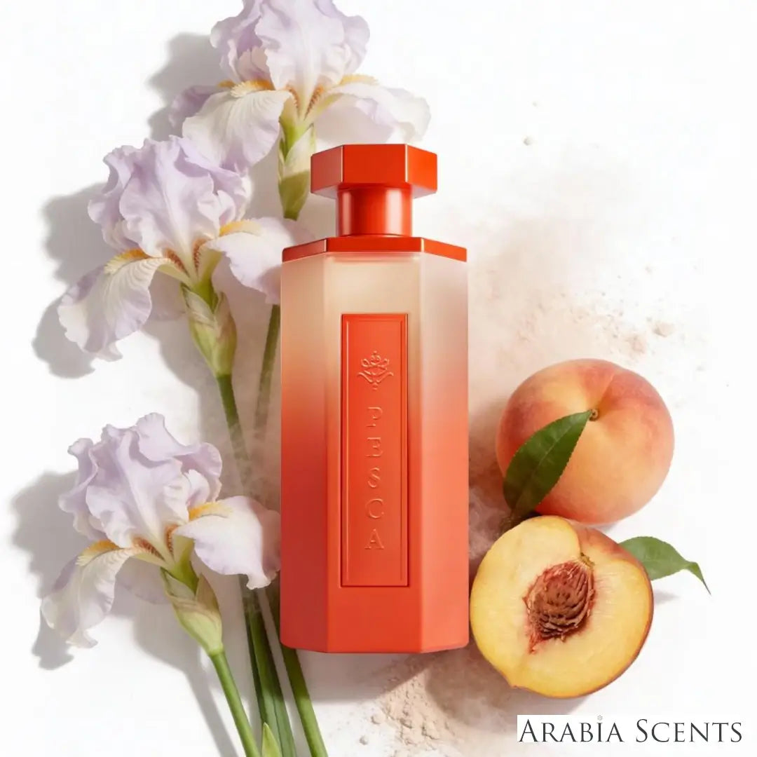 'Pesca' perfume bottle & notes on a white background with 'Reef' branding featured by 'Arabiascents'