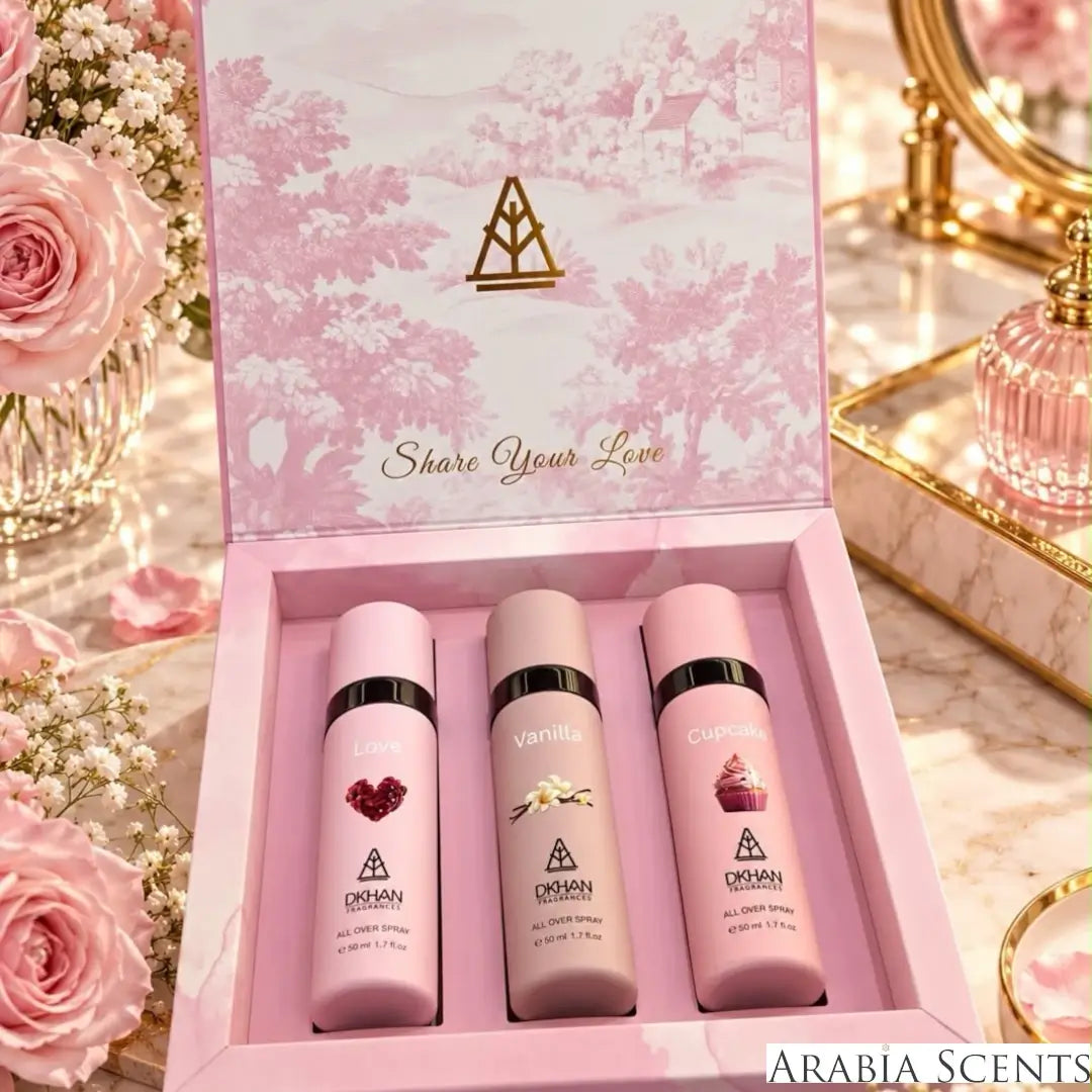 'Pink All Over Spray Collection' set with 'Dkhan' branding featured by 'Arabiascents'