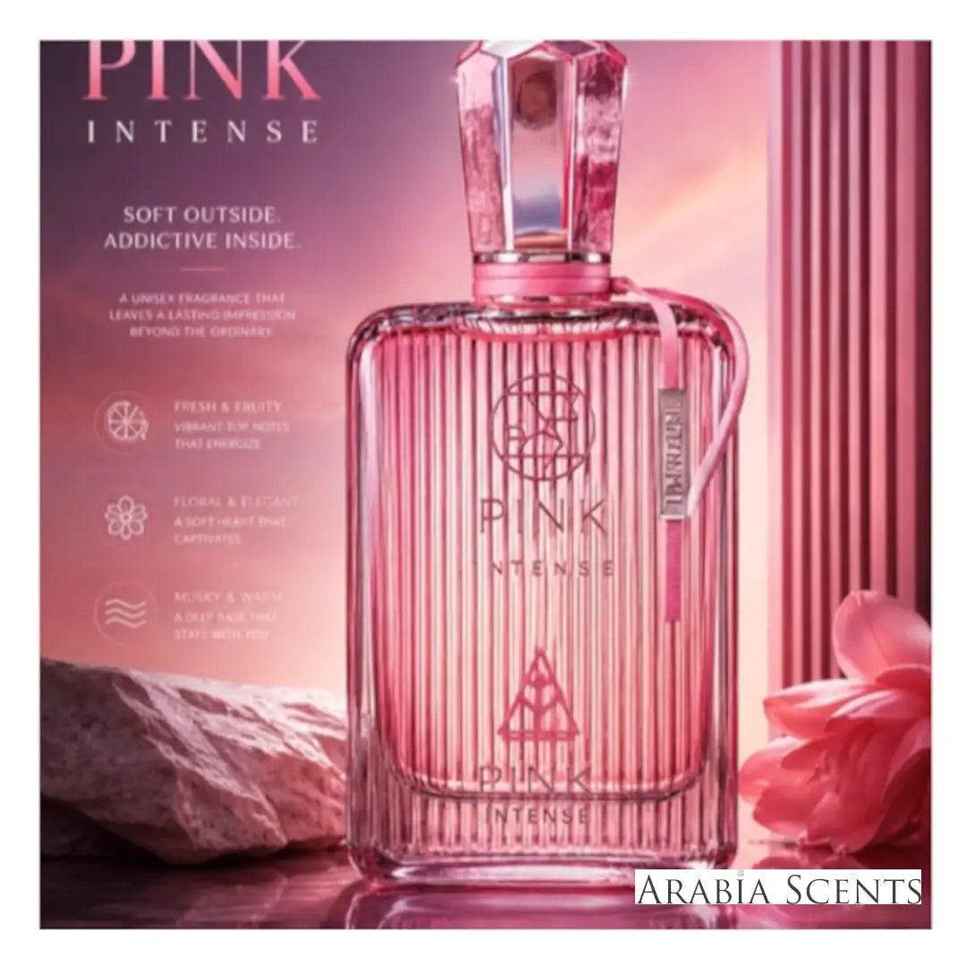 'Pink Intense' perfume bottle on a white background with 'Dkhan' branding featured by 'Arabiascents'