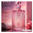 'Pink Intense' perfume bottle on a white background with 'Dkhan' branding featured by 'Arabiascents'