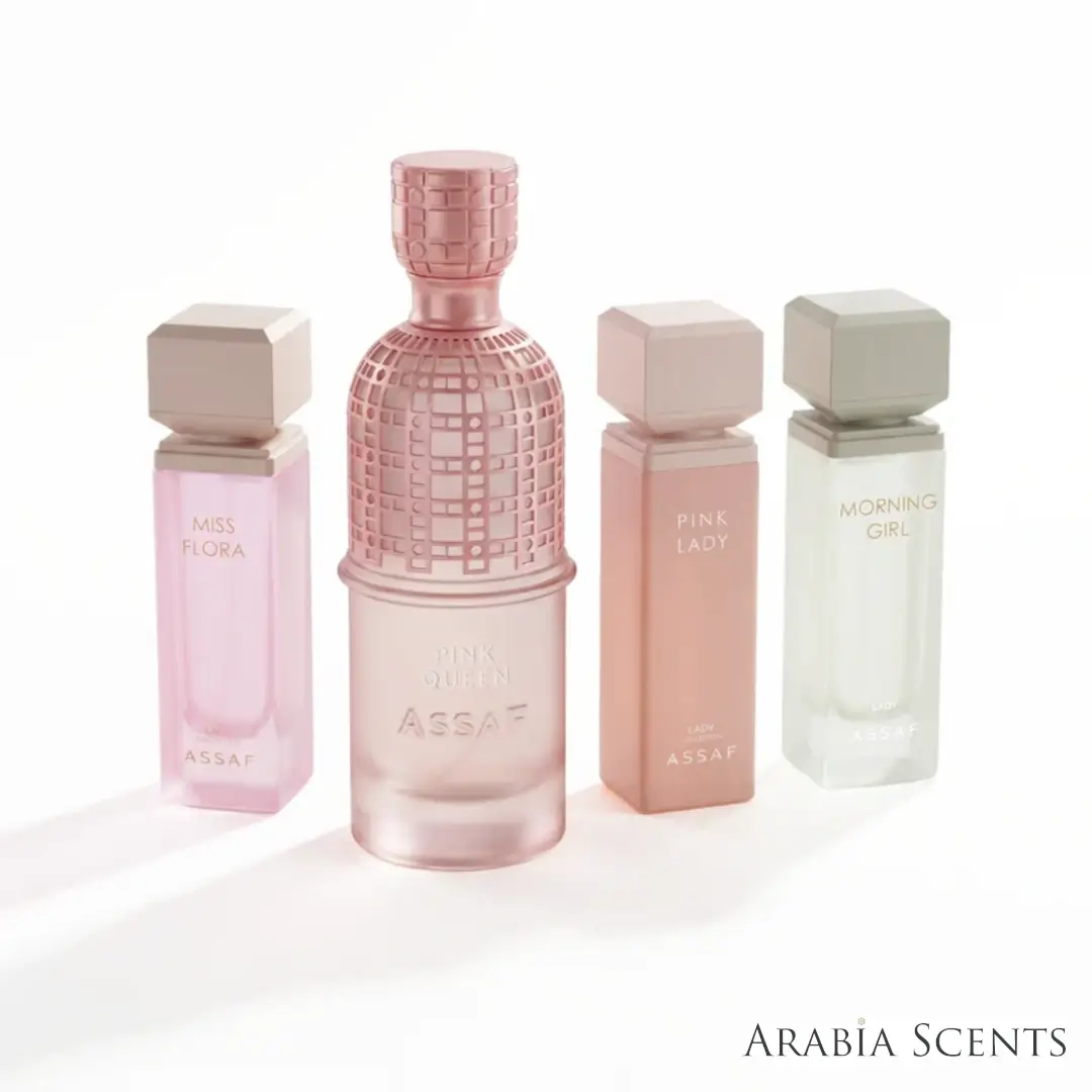 'Pink Lady Collection' set on a white background with 'Assaf' branding featured by 'Arabiascents'