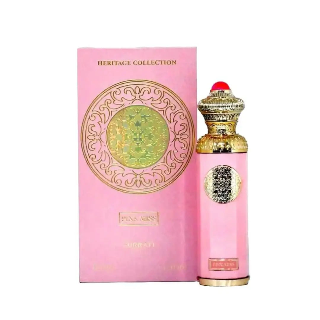 'Pink Miss' perfume bottle & packaging on a white background with 'Surrati' branding