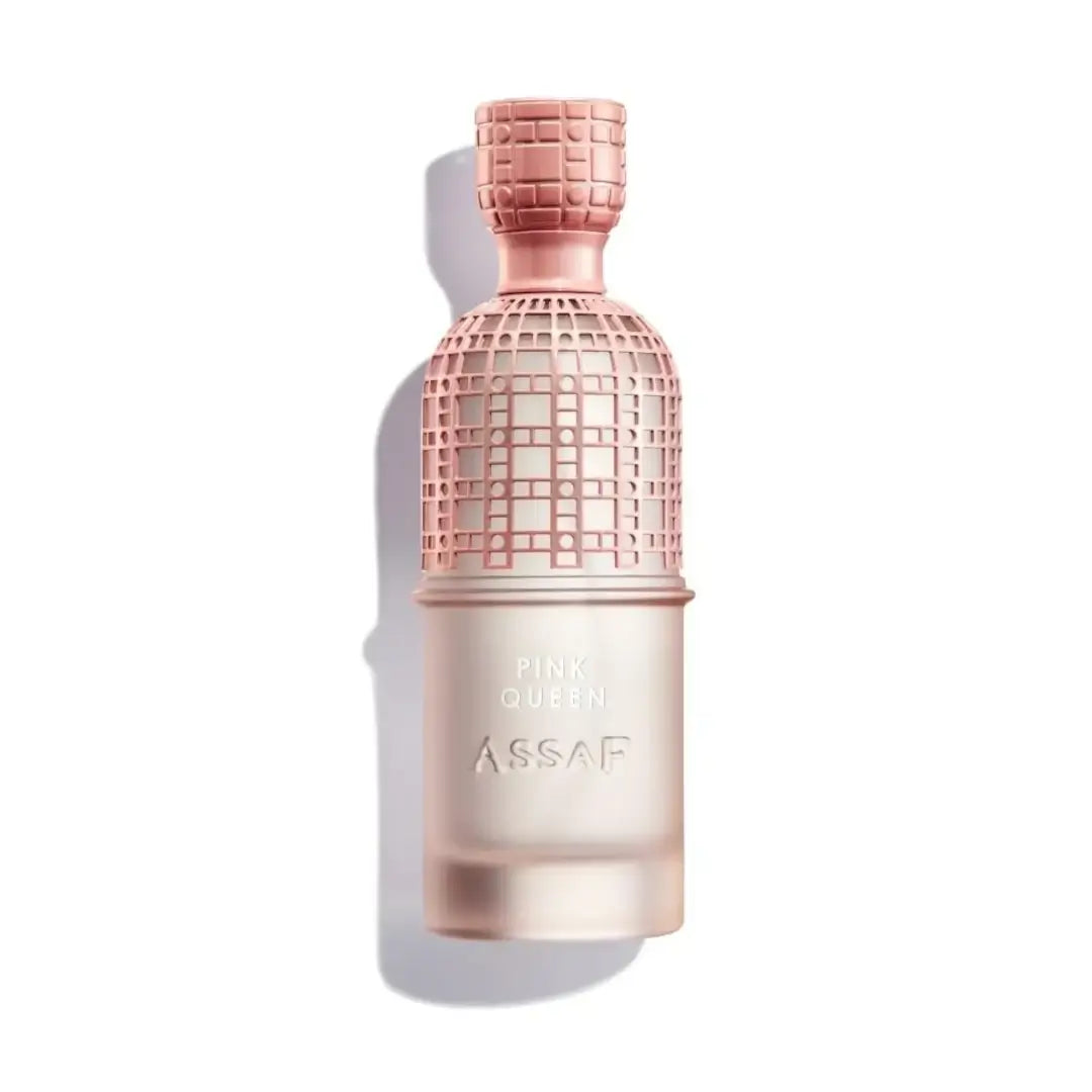 'Pink Queen Exclusive' perfume bottle on a white background with 'Assaf' branding