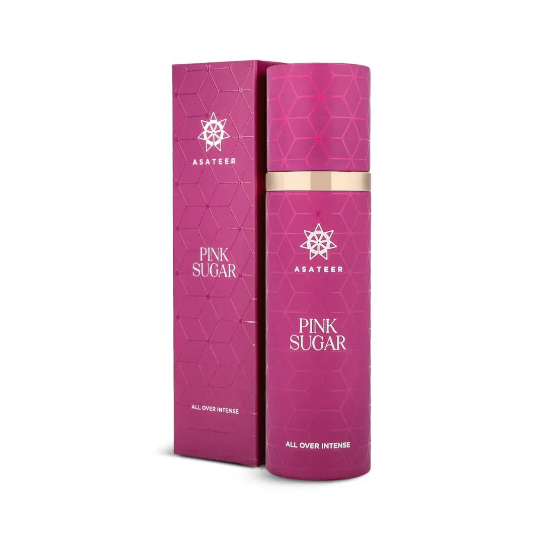 'Pink Sugar All Over Intense' bottle and packaging in a white background with 'Asateer' branding