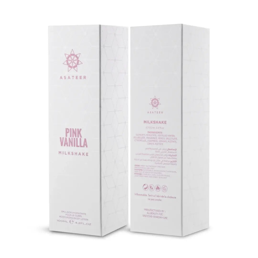 'Pink Vanilla Milkshake Body Lotion Spray' packaging on a white background with 'Asateer' branding