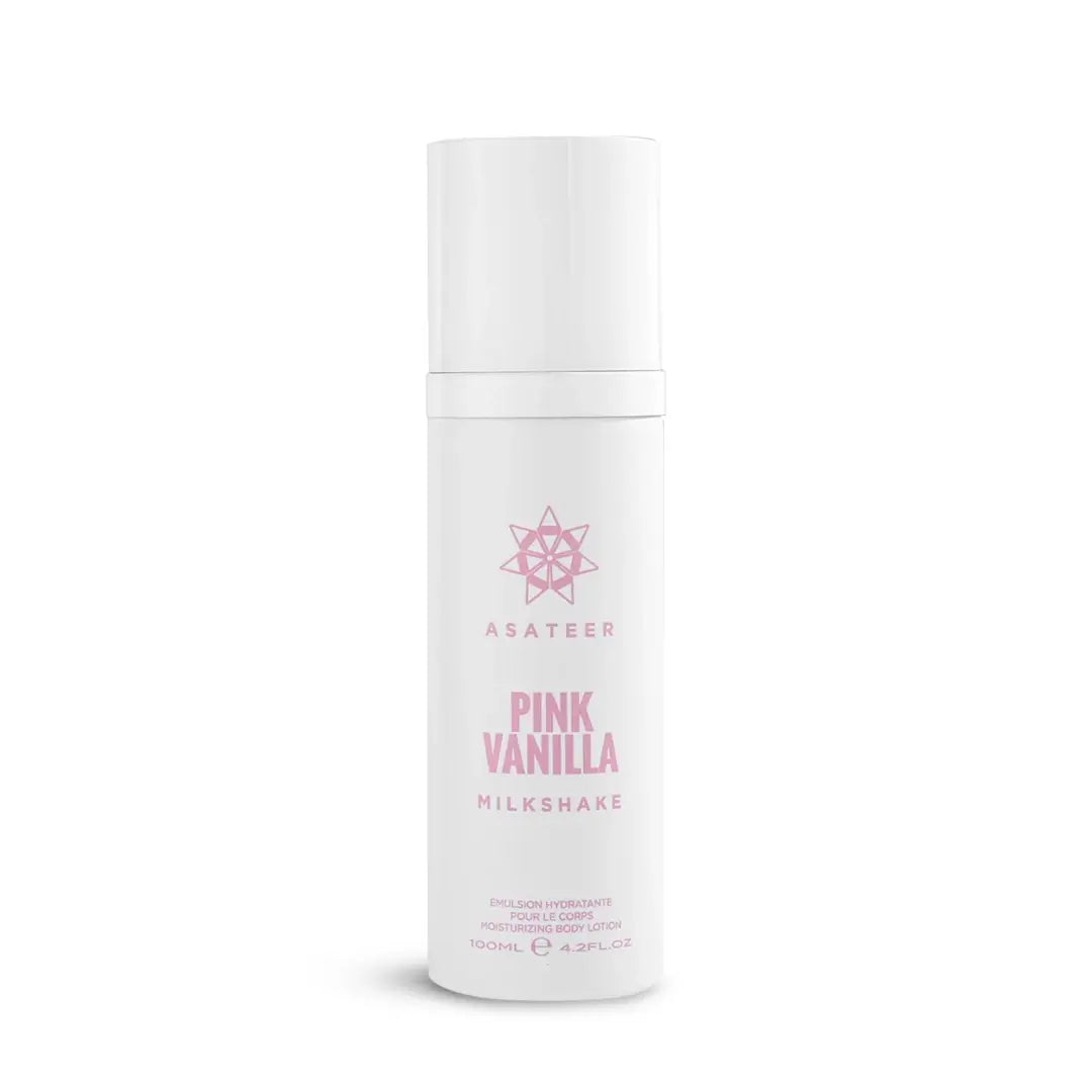 'Pink Vanilla Milkshake Body Lotion Spray' bottle on a white background with 'Asateer' branding
