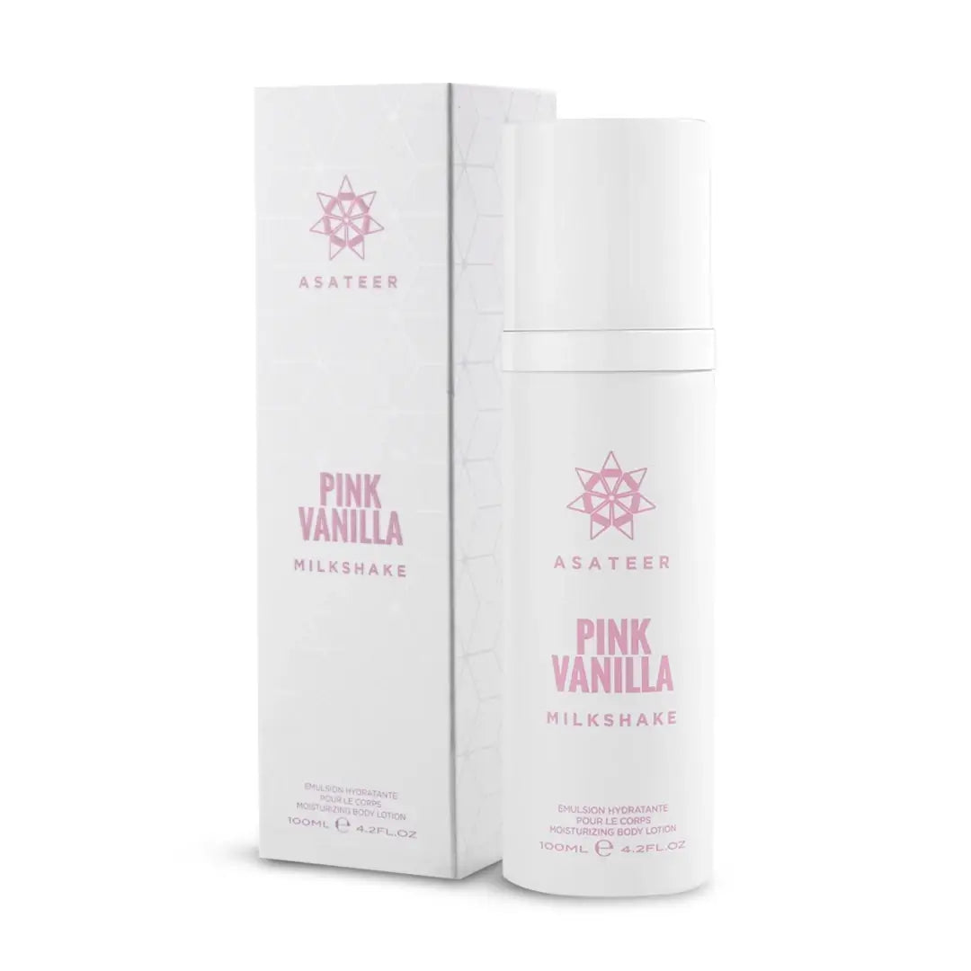 'Pink Vanilla Milkshake Body Lotion Spray' bottle & packaging on a white background with 'Asateer' branding