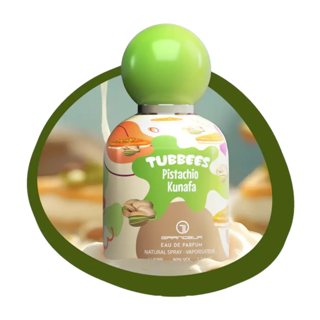 'Pistachio Kunafa' perfume bottle  with a green cap on a white background with 'Tubbees' branding