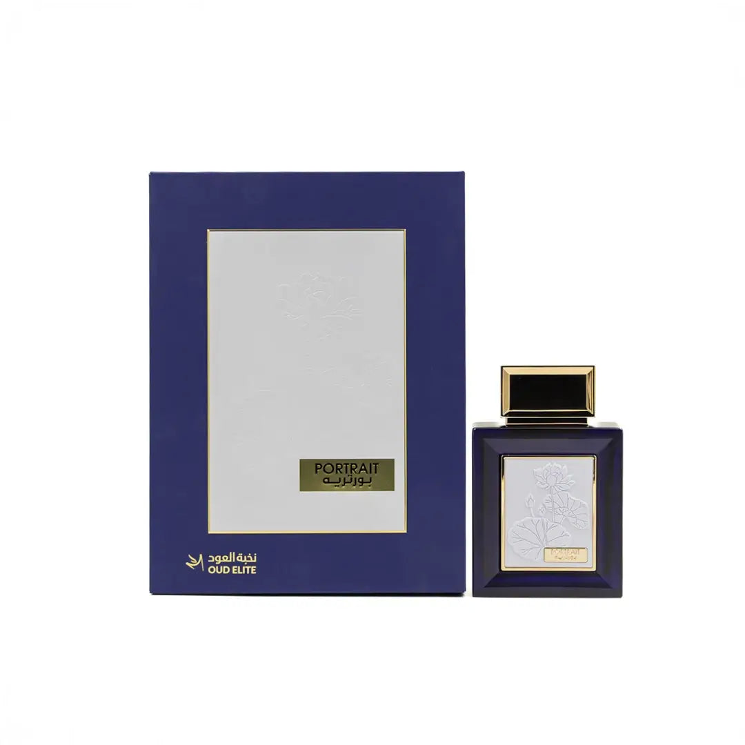 'Portrait' perfume bottle & packaging in a white background with 'Oud Elite' branding
