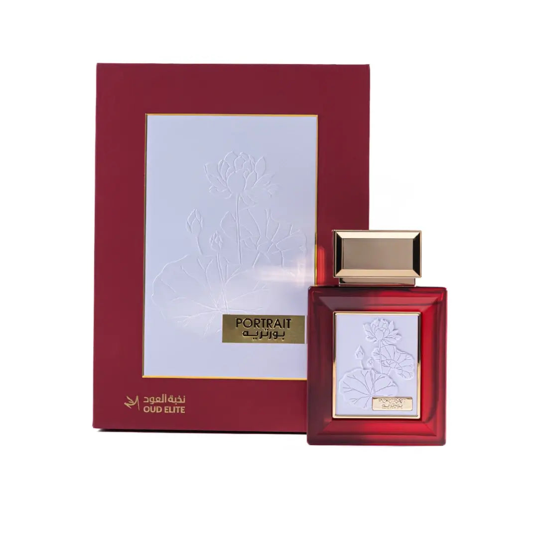 'Portrait Red' perfume bottle & packaging on a white background with 'Oud Elite' branding