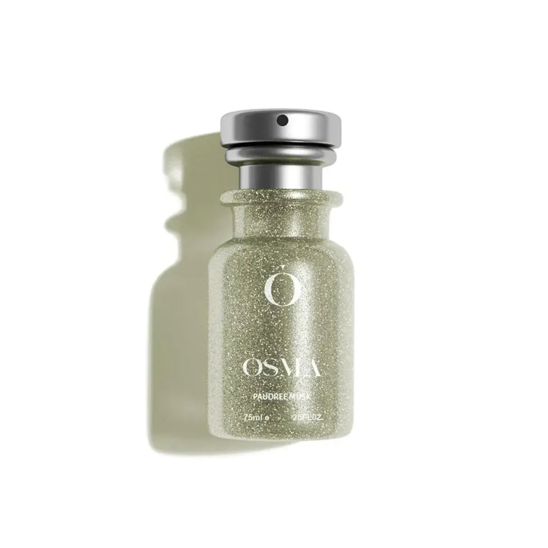 'Powder Musk' perfume bottle with silver cap on a white background with 'Osma' branding
