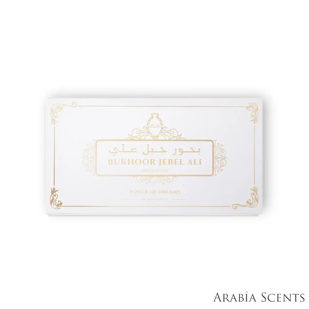 'Power Of Dreams Bukhoor Jebel Ali' incense box on a white background with 'Rasasi' branding featured by 'Arabiascents'