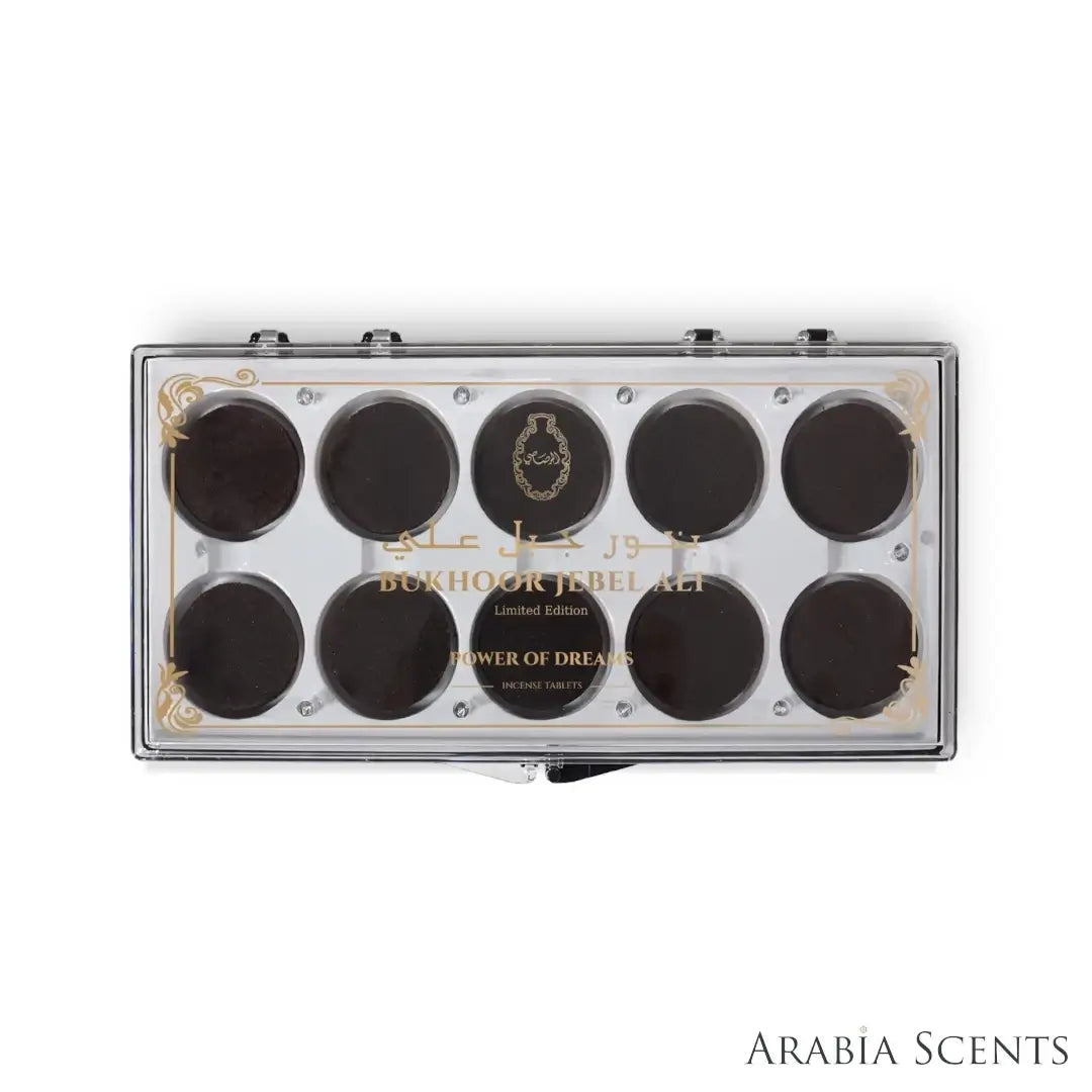 'Power Of Dreams Bukhoor Jebel Ali' incense tablets box on a white background with 'Rasasi' branding featured by 'Arabiascents'