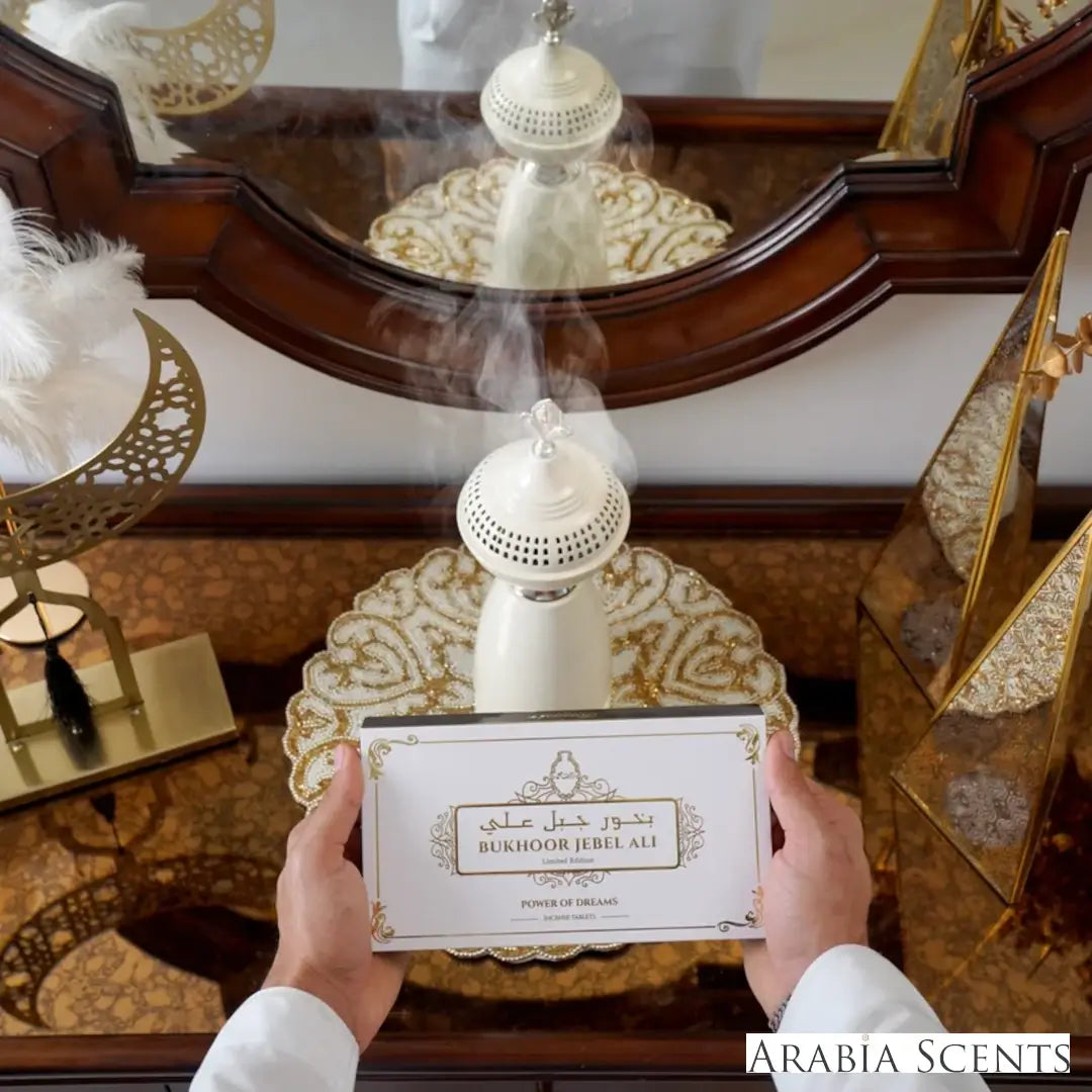 'Power Of Dreams Bukhoor Jebel Ali' incense box packaging with 'Rasasi' branding featured by 'Arabiascents'