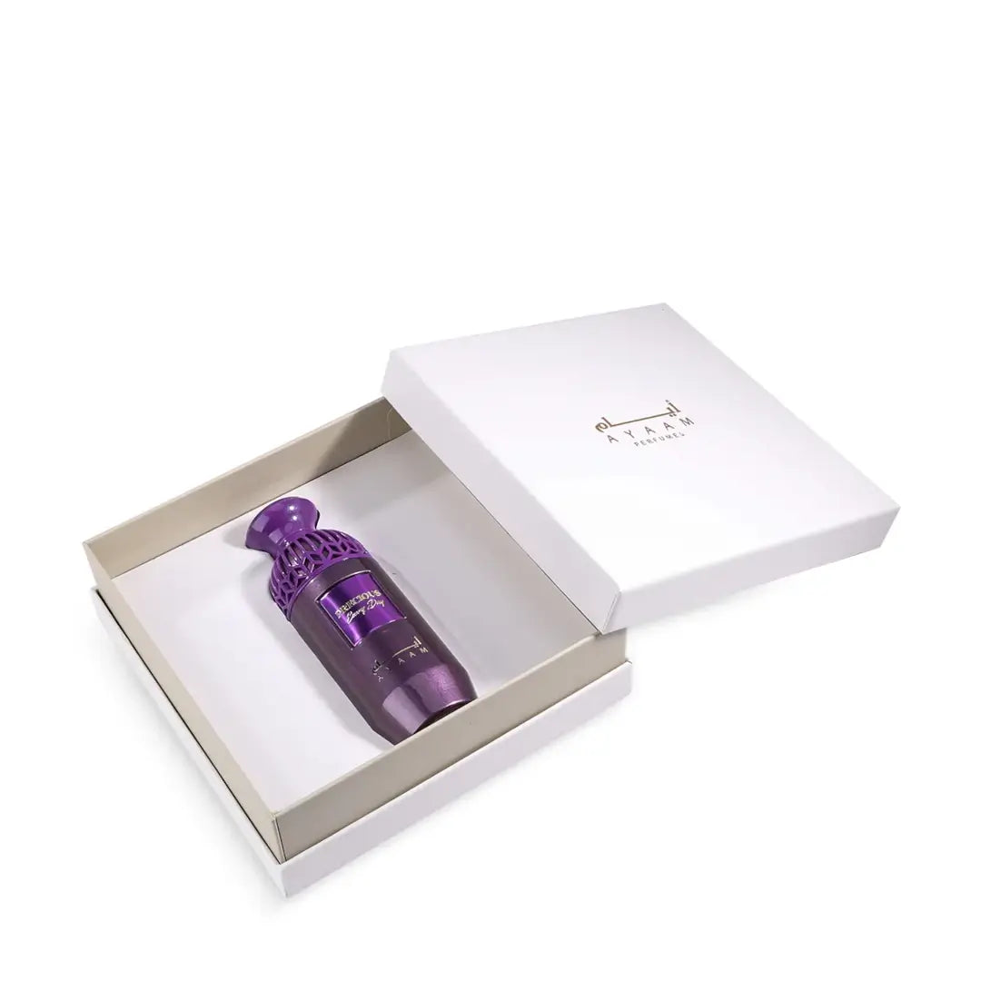 'Precious Every Day' perfume bottle & packaging in a white background with 'Ayaam' branding