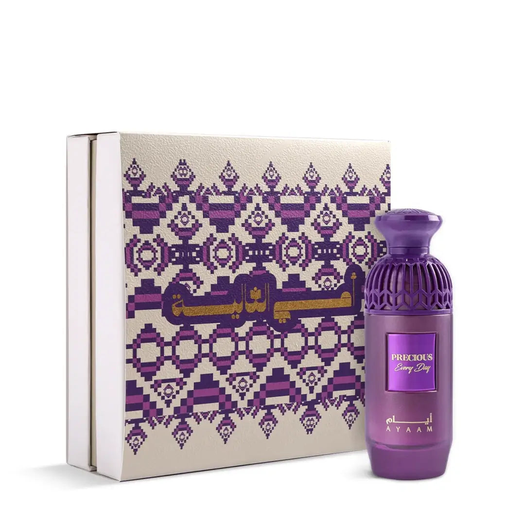 'Precious Every Day' perfume bottle & packaging in a white background with 'Ayaam' branding