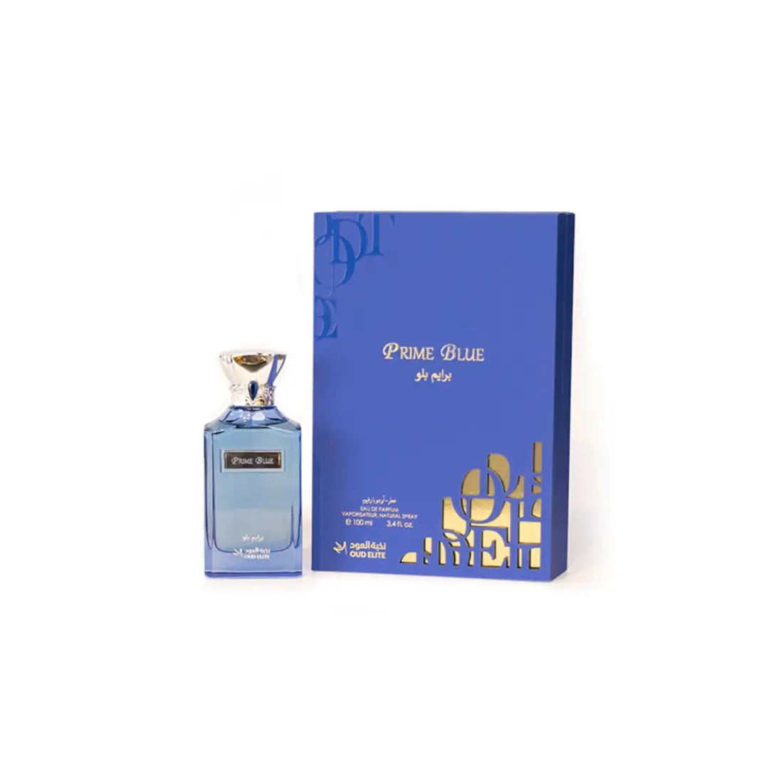 'Prime Blue' perfume bottle & packaging in a white background with 'Oud Elite' branding