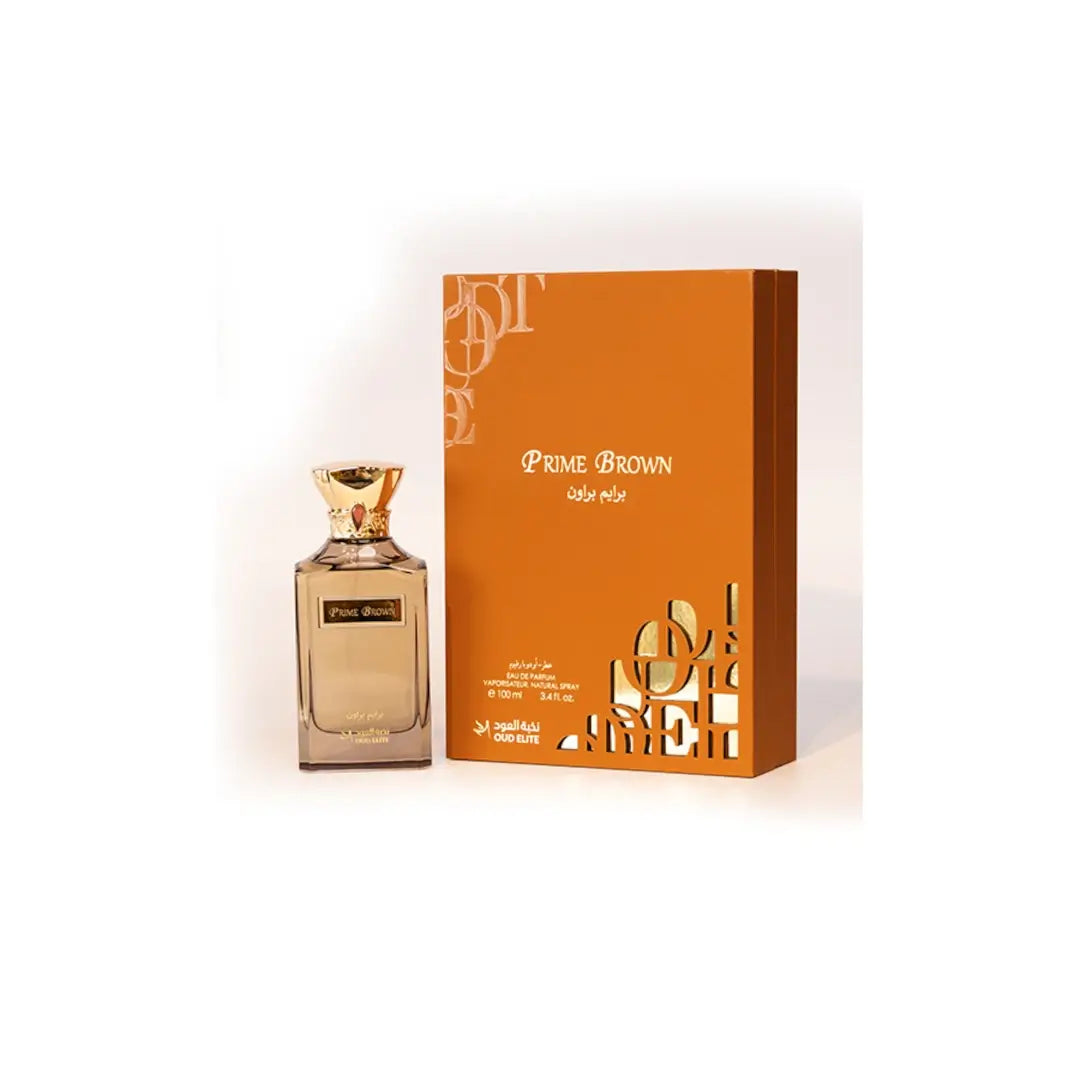 'Prime Brown' perfume bottle & packaging in a white background with 'Oud Elite' branding