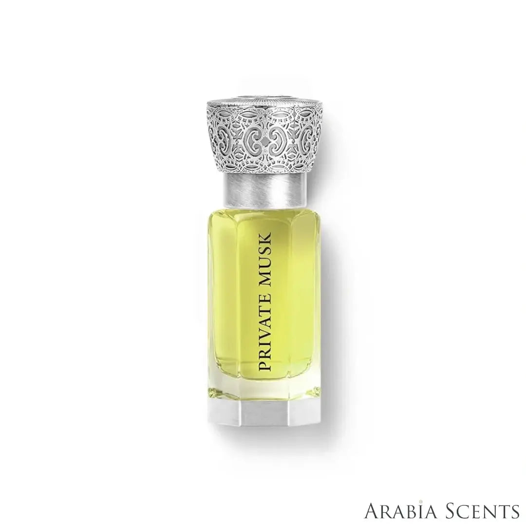 'Private Musk' perfume oil bottle on a white background with 'Swiss Arabian' branding featured by 'Arabiascents'