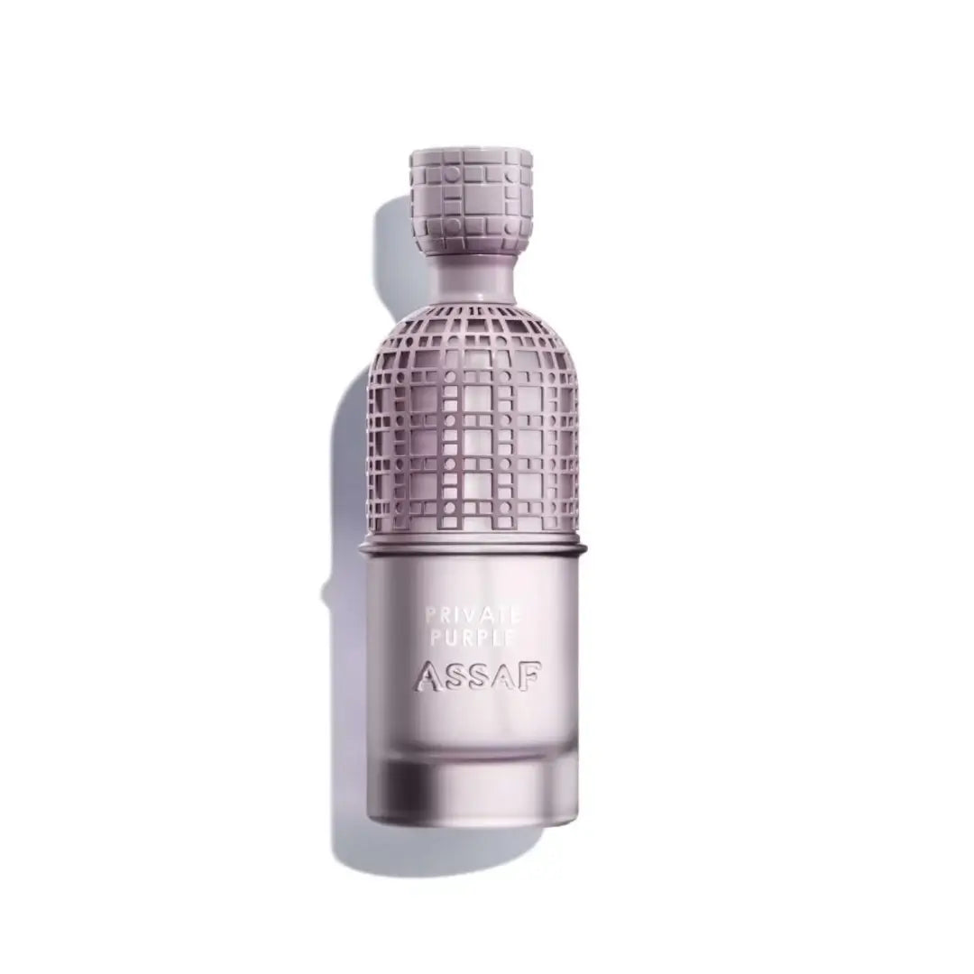 'Private Purple' perfume bottle on a white background with 'Assaf' branding