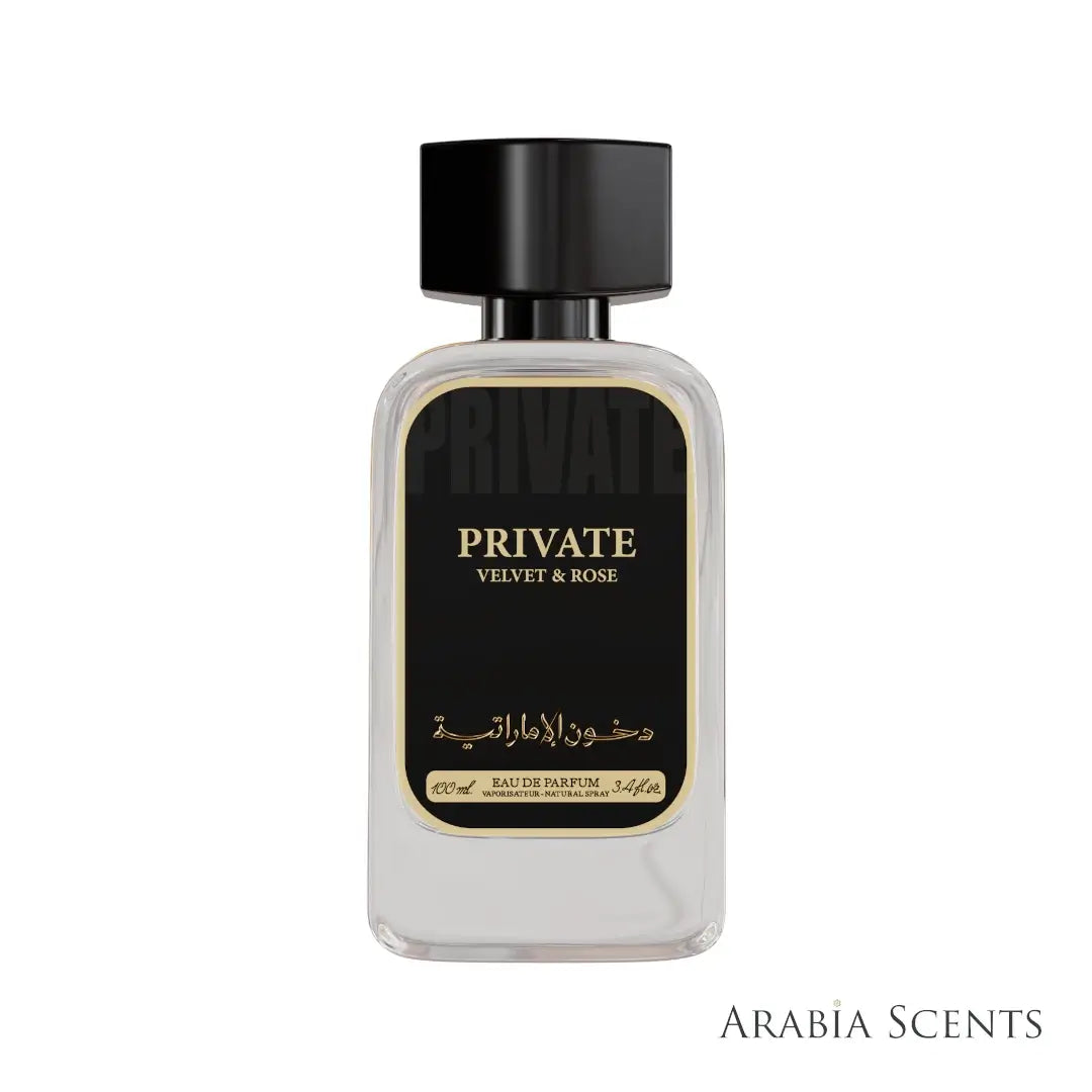 Perfume bottle labeled 'Private Velvet & Rose' by Dkhoon Emirates featured on ArabiaScents on a white background