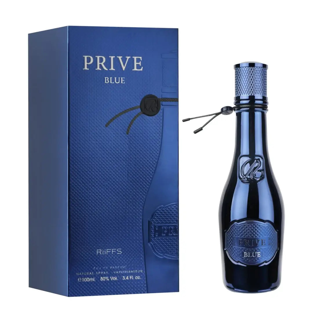 'Prive Blue' perfume bottle and packaging in a white background with 'Riiffs' branding