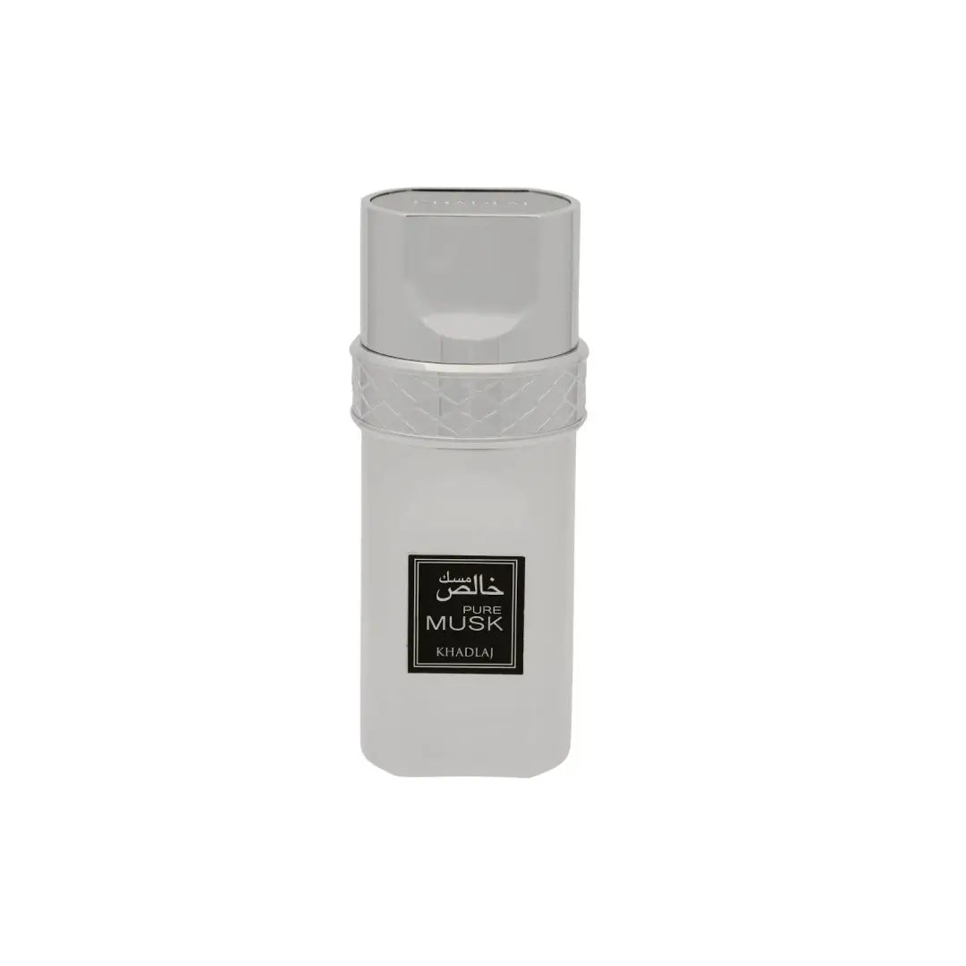 'Pure Musk' perfume bottle with 'Khadlaj' branding in a white background