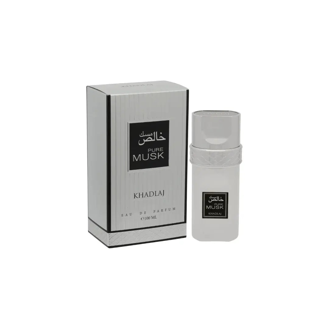 'Pure Musk' perfume bottle & packaging with 'Khadlaj' branding in a white background