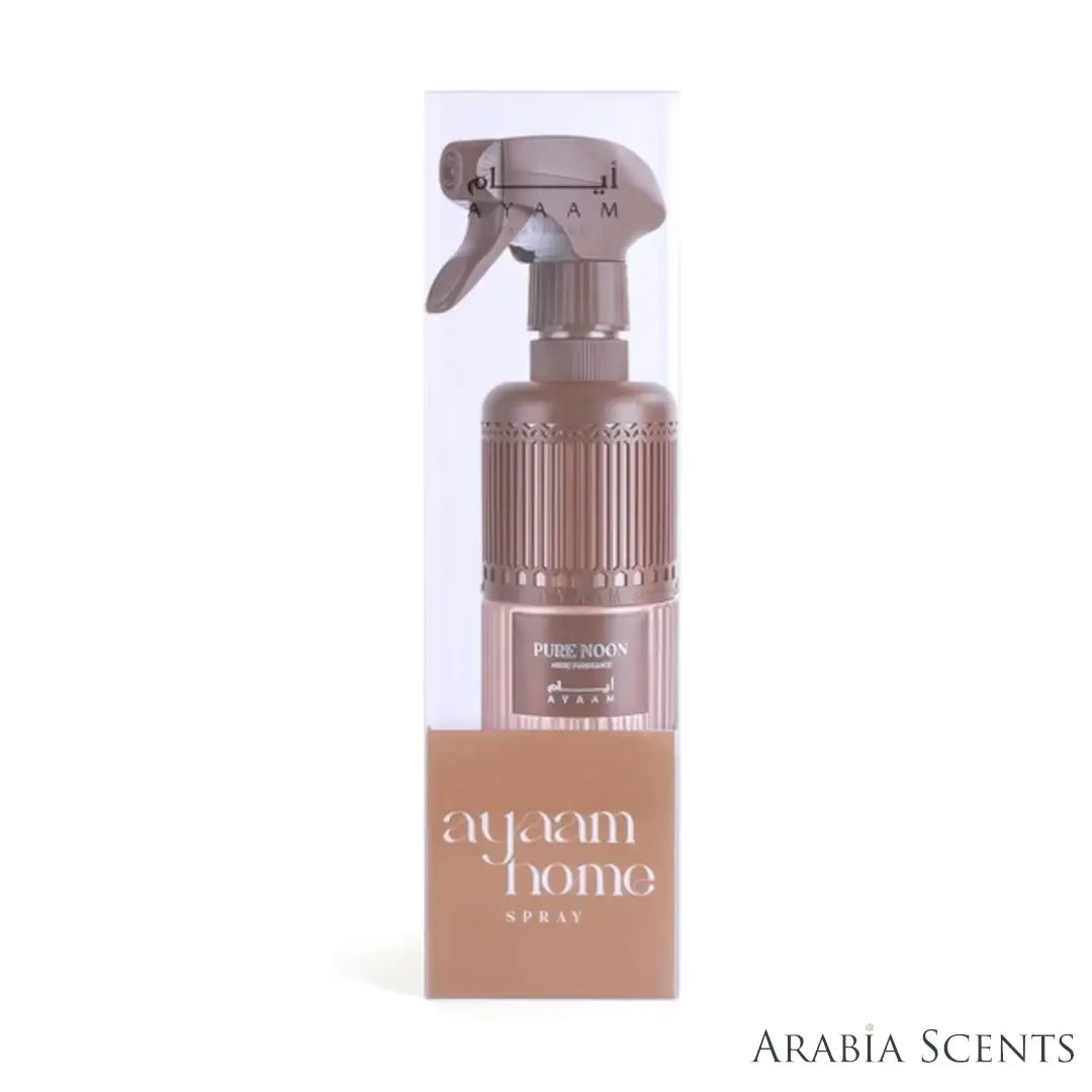 'Pure Noon' home fragrance bottle & packaging on a white background with 'Ayaam' branding featured by 'Arabiascents'