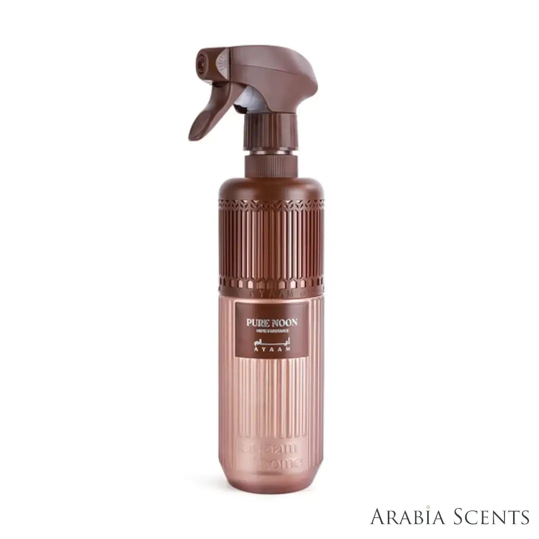 'Pure Noon' home fragrance bottle on a white background with 'Ayaam' branding featured by 'Arabiascents'