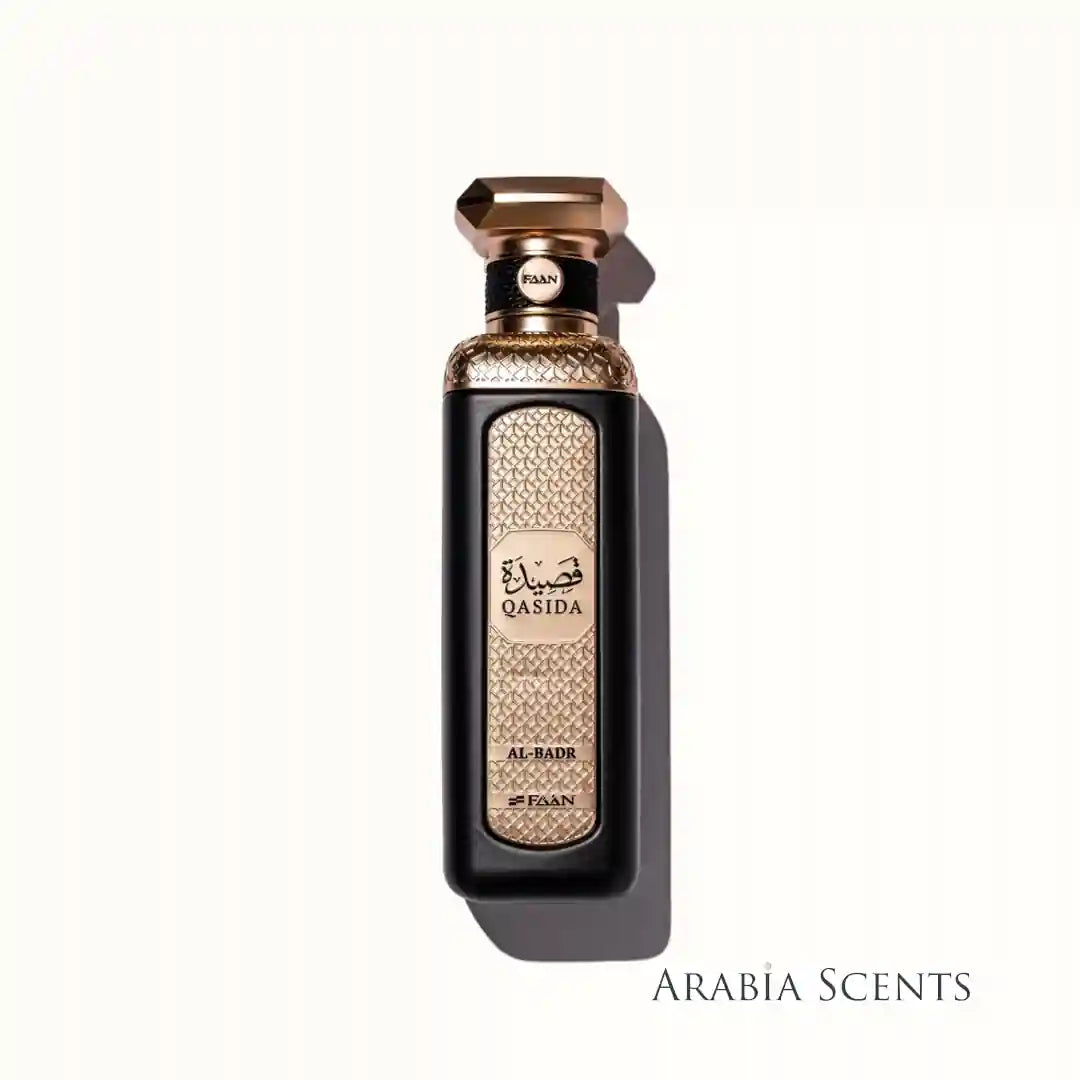 Qasida Al Badr perfume bottle branded Faan Perfumes on a white background featured by 'ArabiaScents'