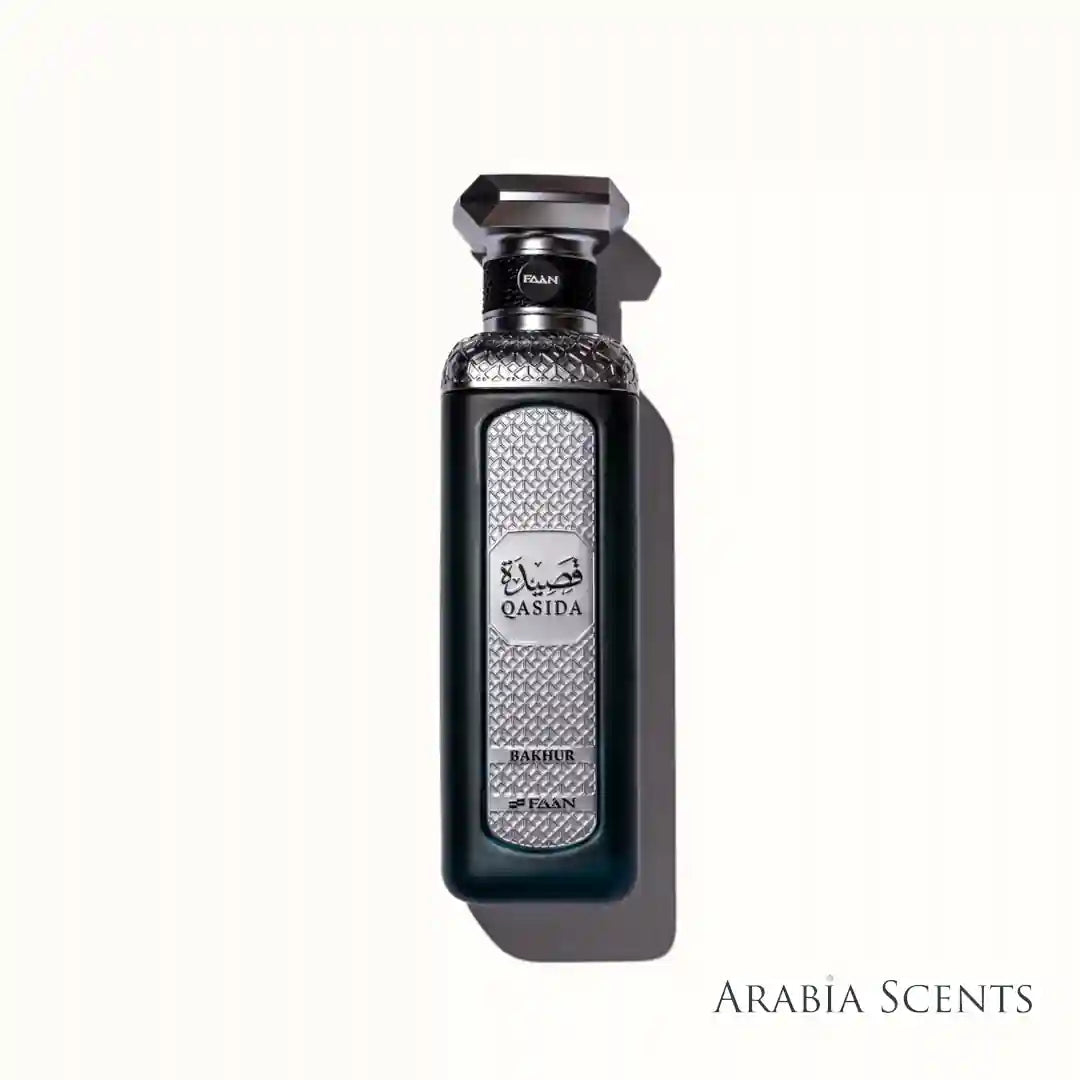 Qasida Bakhur perfume bottle branded by Faan Perfumes on a white background featured by 'ArabiaScents'