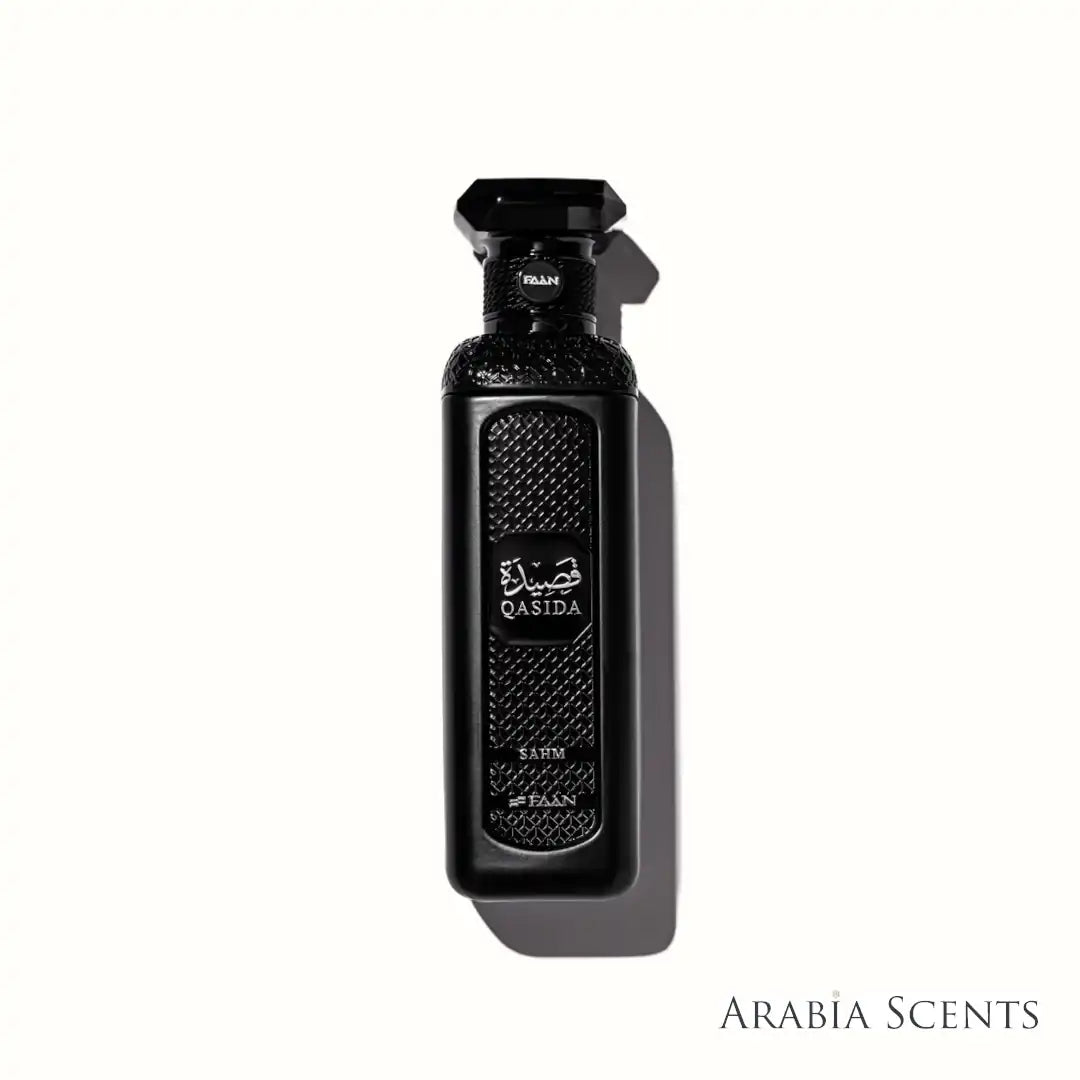 Qasida Sahm perfume bottle branded by Faan Perfumes on a white background featured by 'ArabiaScents'