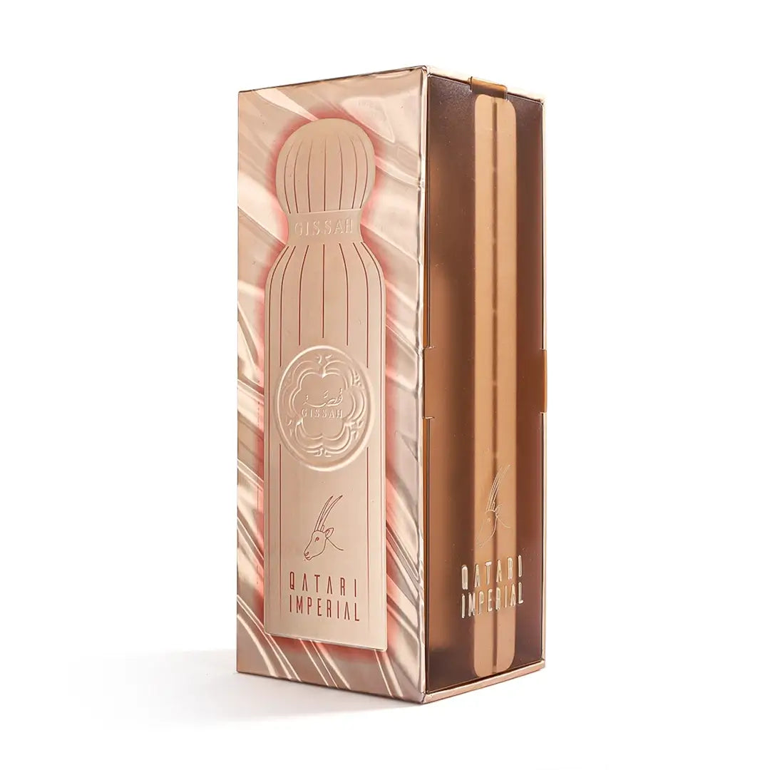Qatari Imperial perfume bottle packaging on a white background by Gissah