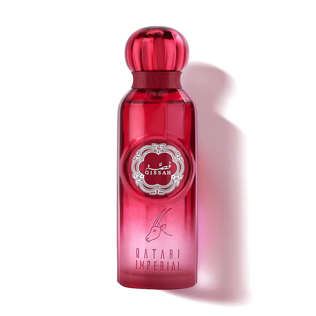 'Qatari Imperial' Red perfume bottle with 'Gissah' branding on a white background