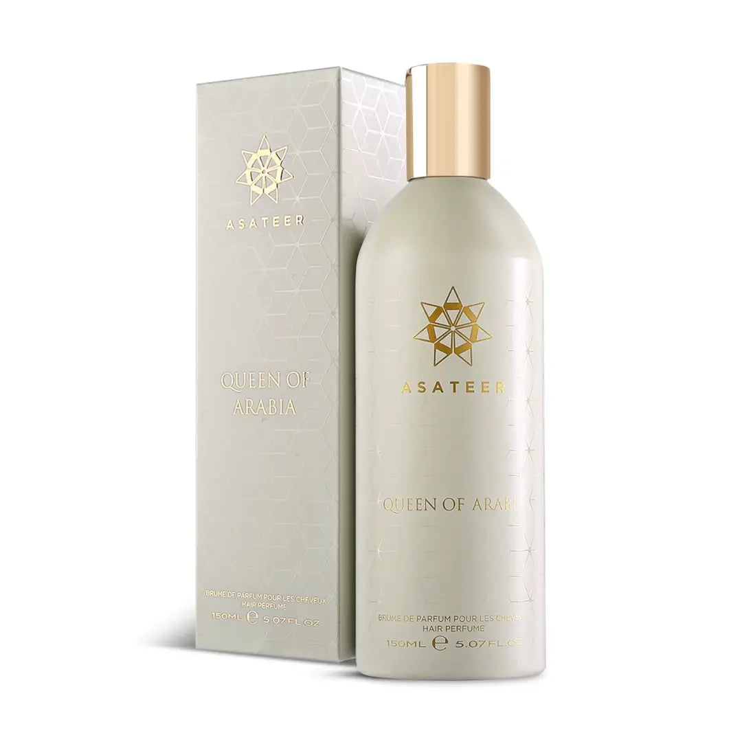 'Queen Of Arabia' Hair Mist perfume bottle & packaging in a white background with 'Asateer' branding