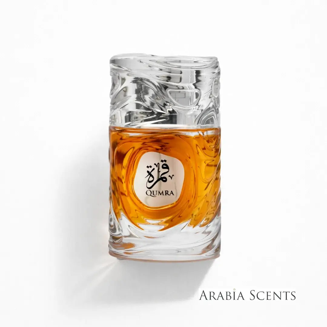 'Qumra' perfume bottle with Le Bonheur branding on a white background, featured by 'ArabiaScents'.