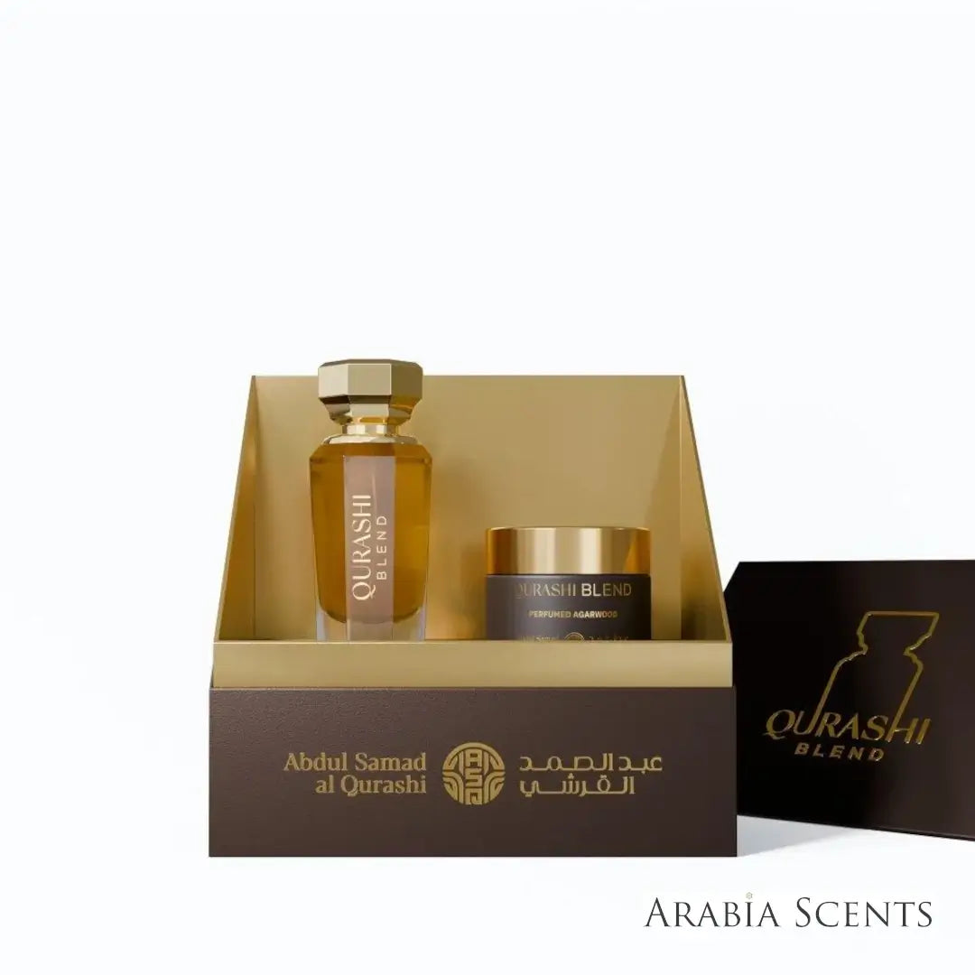 'Qurashi Blend' set on a white background with 'ASQ' branding featured by 'Arabiascents'