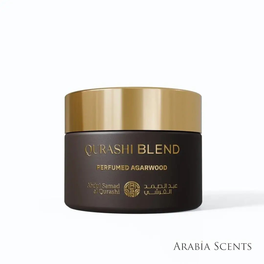 'Qurashi Blend' set perfumed Agarwood incense on a white background with 'ASQ' branding featured by 'Arabiascents'