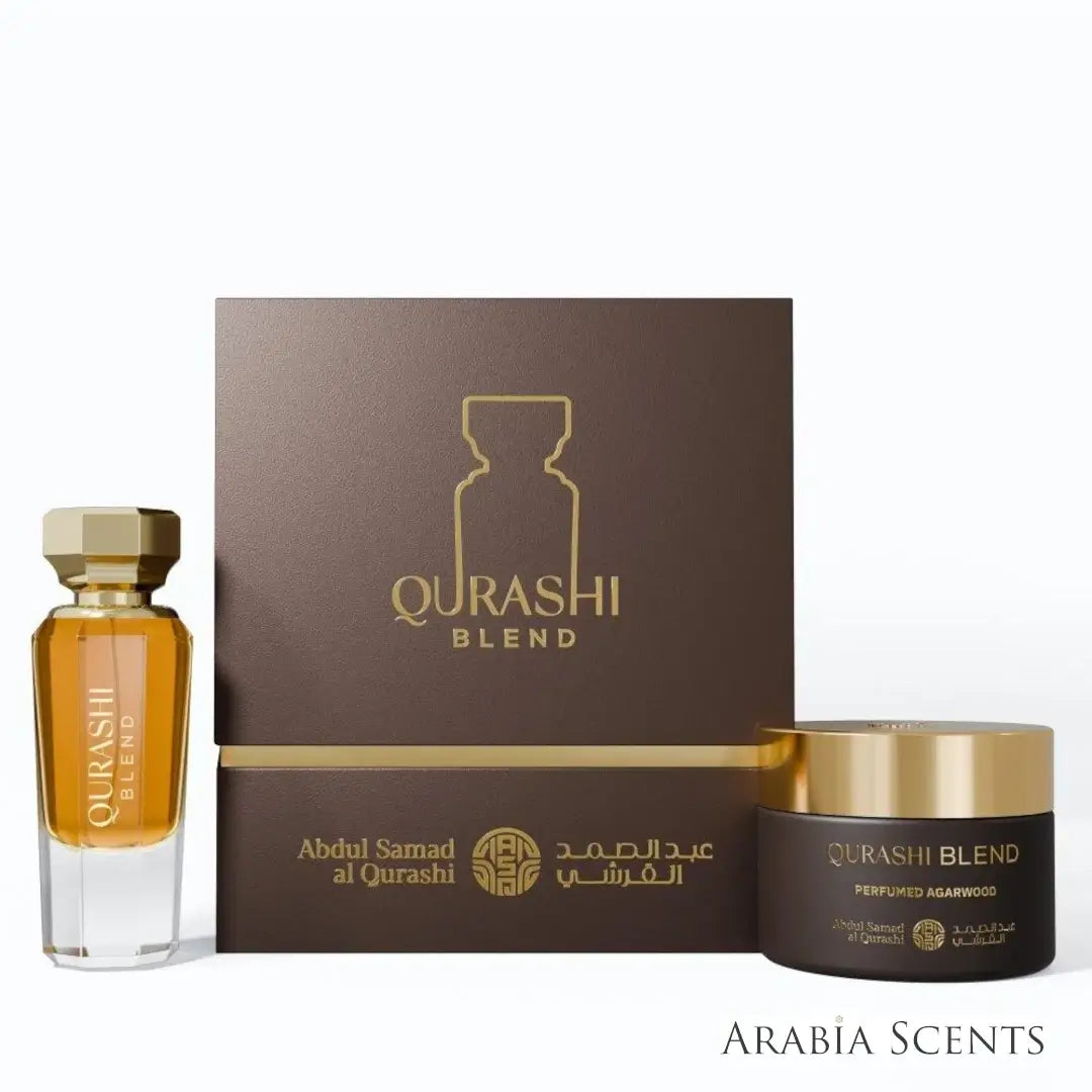 'Qurashi Blend' set on a white background with 'ASQ' branding featured by 'Arabiascents'