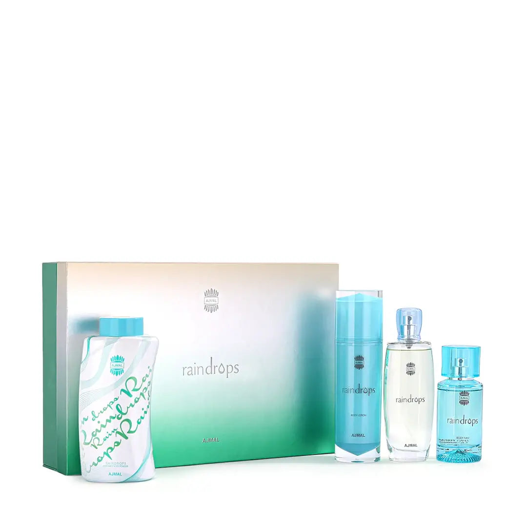 Set of 'raindrops' perfume bottles with a box on a white background branded Ajmal