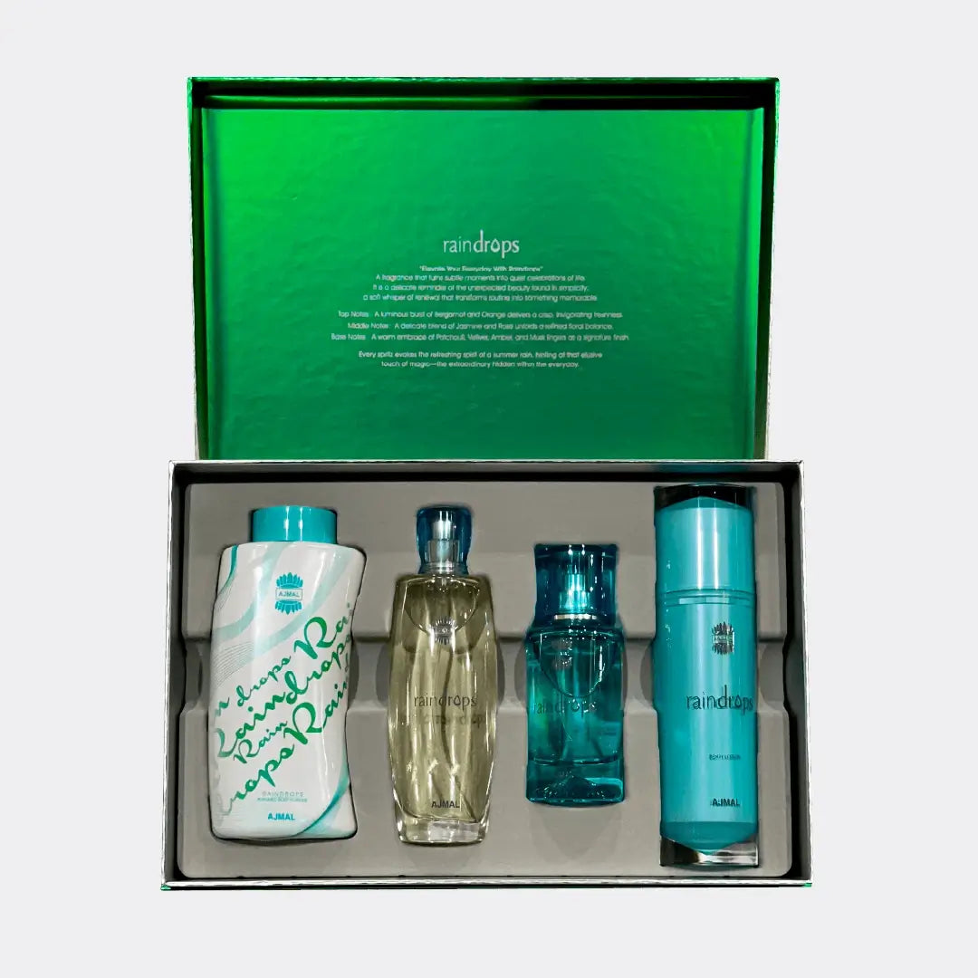 Set of four products in a green box with 'Raindrops' label branded Ajmal