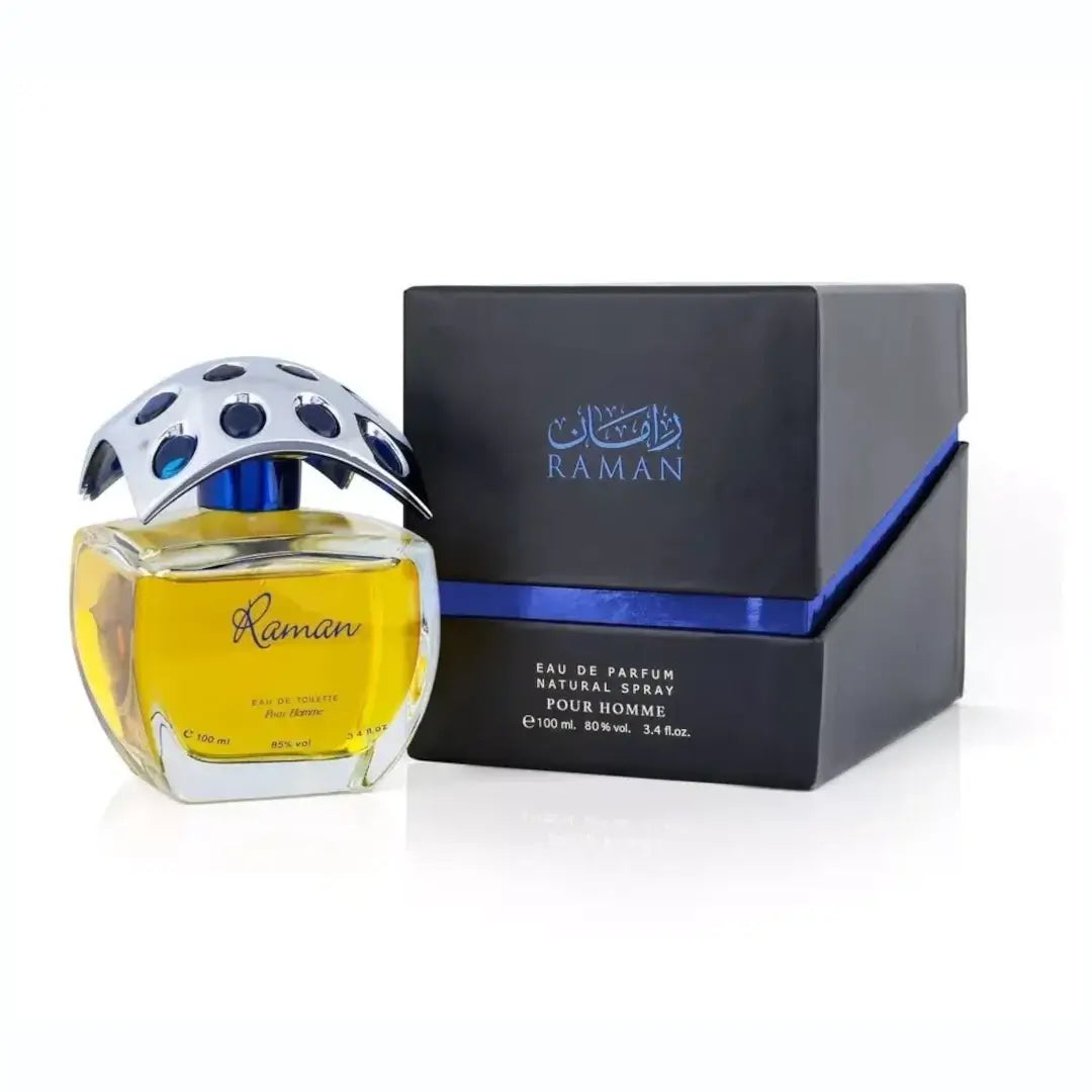 'Raman' perfume bottle & packaging in a white background with 'ASQ' branding