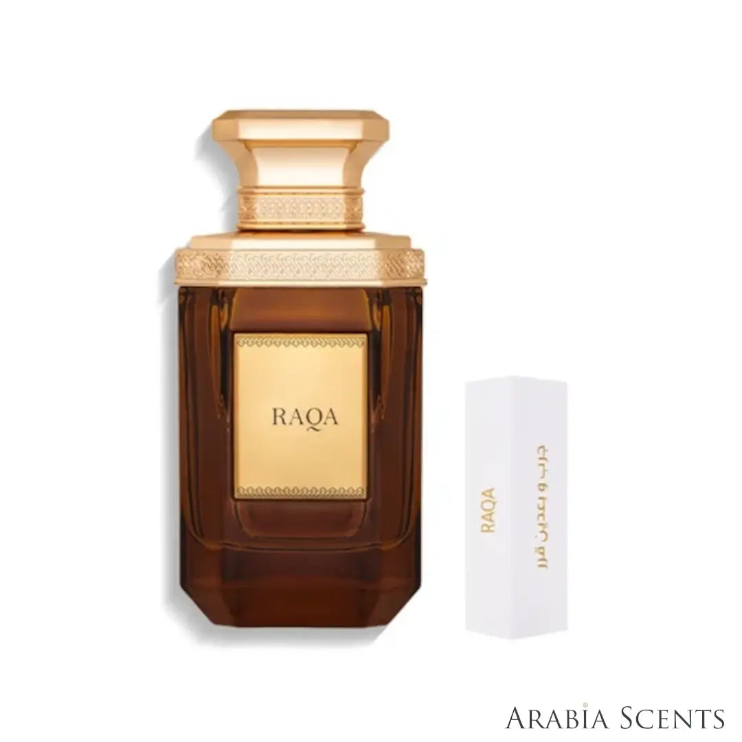 'Raqa' perfume bottle on a white background with 'Junaid' perfumes featured by 'Arabiascents'