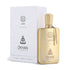 'Raqi Intense' gold perfume bottle and packaging with 'DKHAN Fragrances' branding on a white background